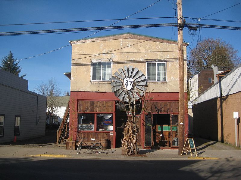 This tall little building houses a cafe in Vernonia, Oregon.